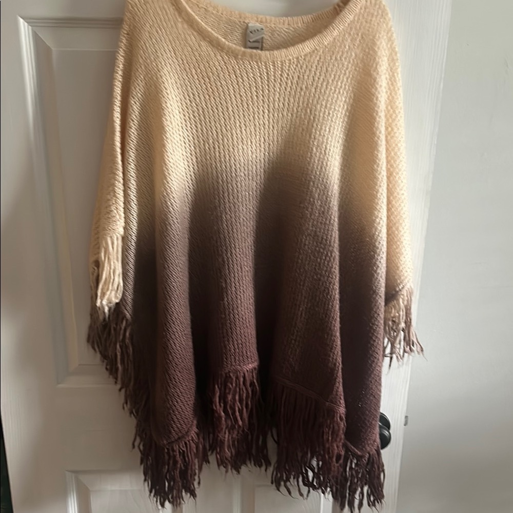 VILA Cream and Brown Poncho Sweater with Fringe
